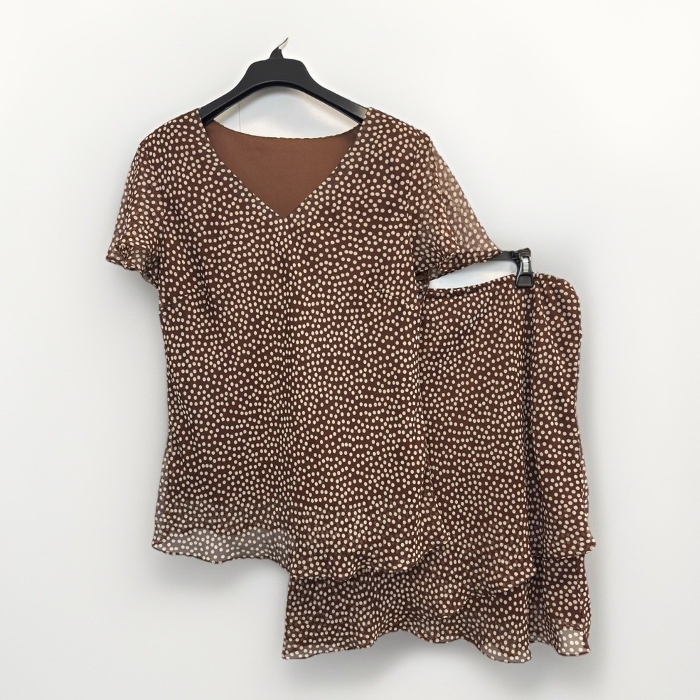 VTG R&K Originals 2PC Short Sleeve Top Skirt Suit Womens 18 Polka Dot Brown
